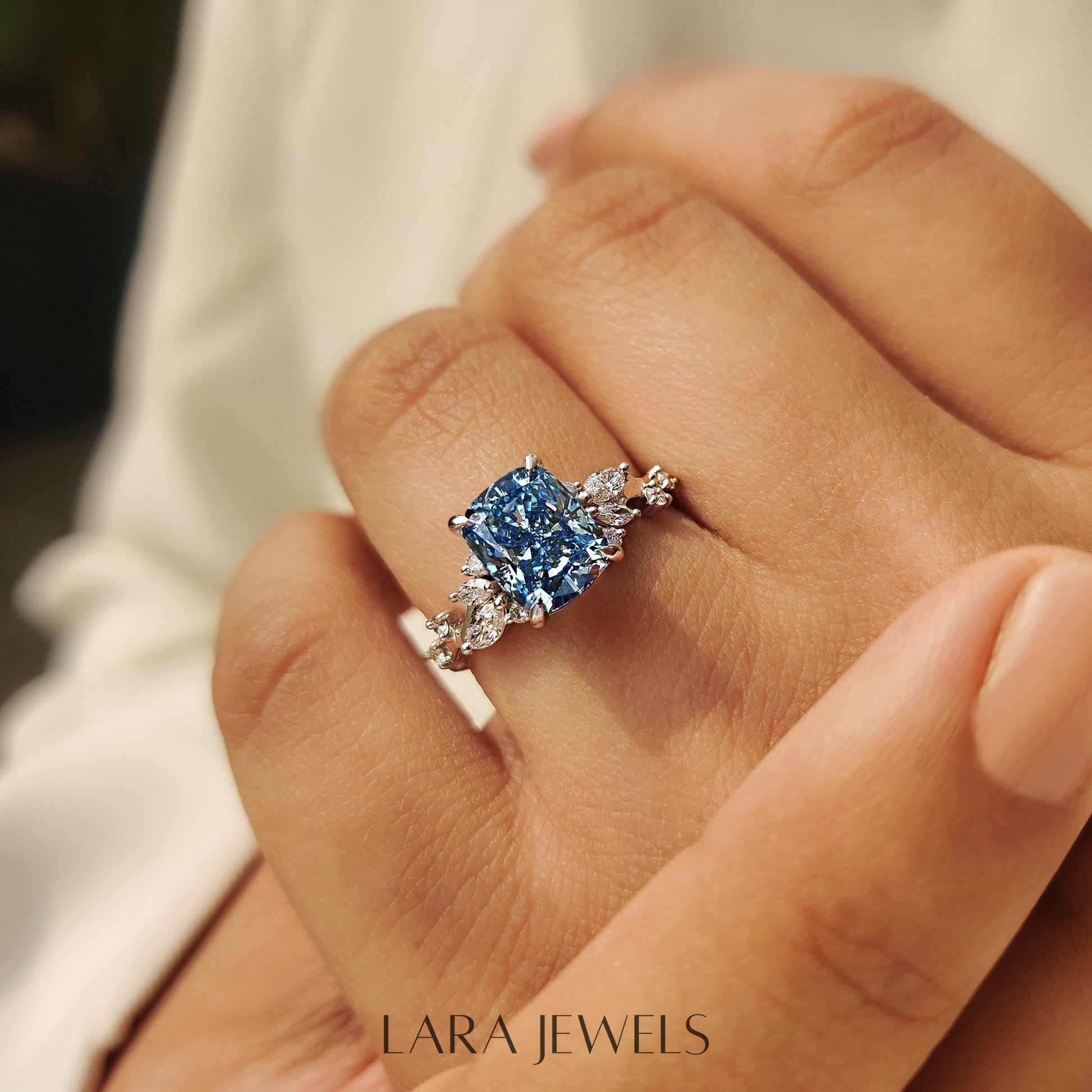 Lab grown cushion engagement ring in Cluster Setting, available in Silver. IGI certified, ethically sourced, handcrafted at Lara Jewels.