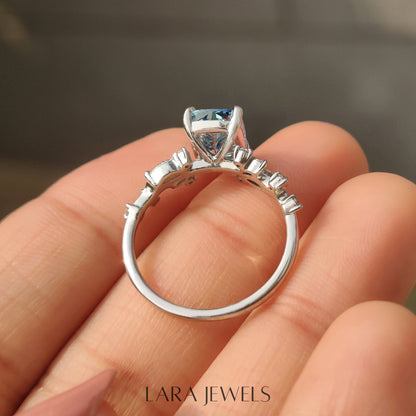 Lab grown cushion engagement ring in Cluster Setting, available in Silver. IGI certified, ethically sourced, handcrafted at Lara Jewels.