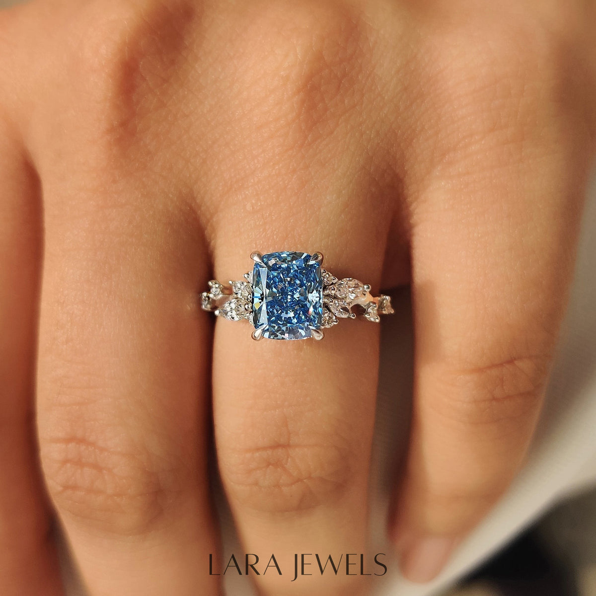 Lab grown cushion engagement ring in Cluster Setting, available in Silver. IGI certified, ethically sourced, handcrafted at Lara Jewels.
