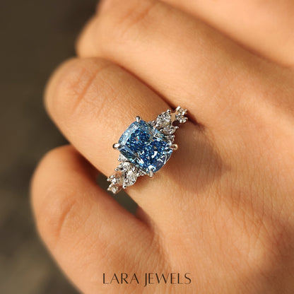 Lab grown cushion engagement ring in Cluster Setting, available in Silver. IGI certified, ethically sourced, handcrafted at Lara Jewels.