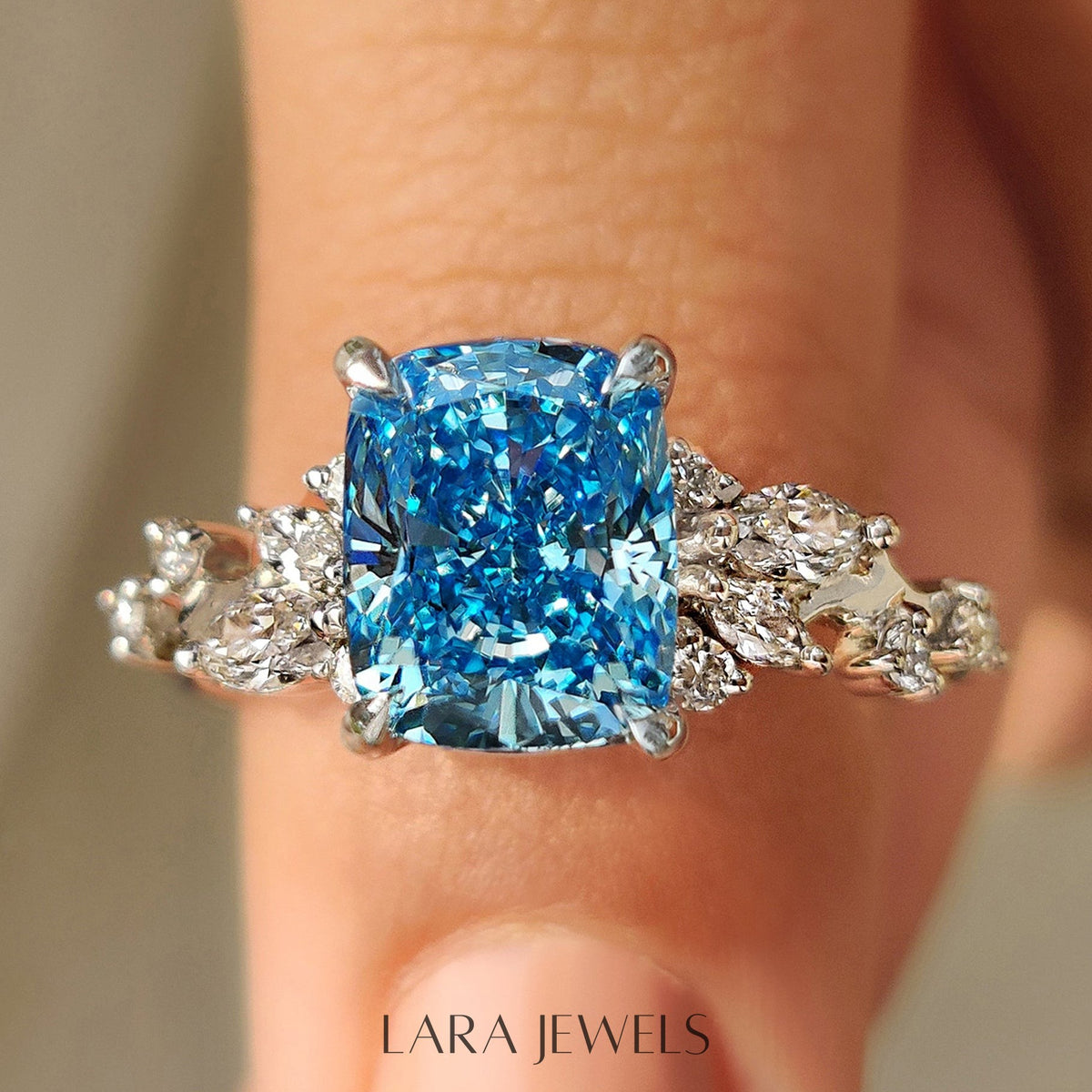 Lab grown cushion engagement ring in Cluster Setting, available in Silver. IGI certified, ethically sourced, handcrafted at Lara Jewels.
