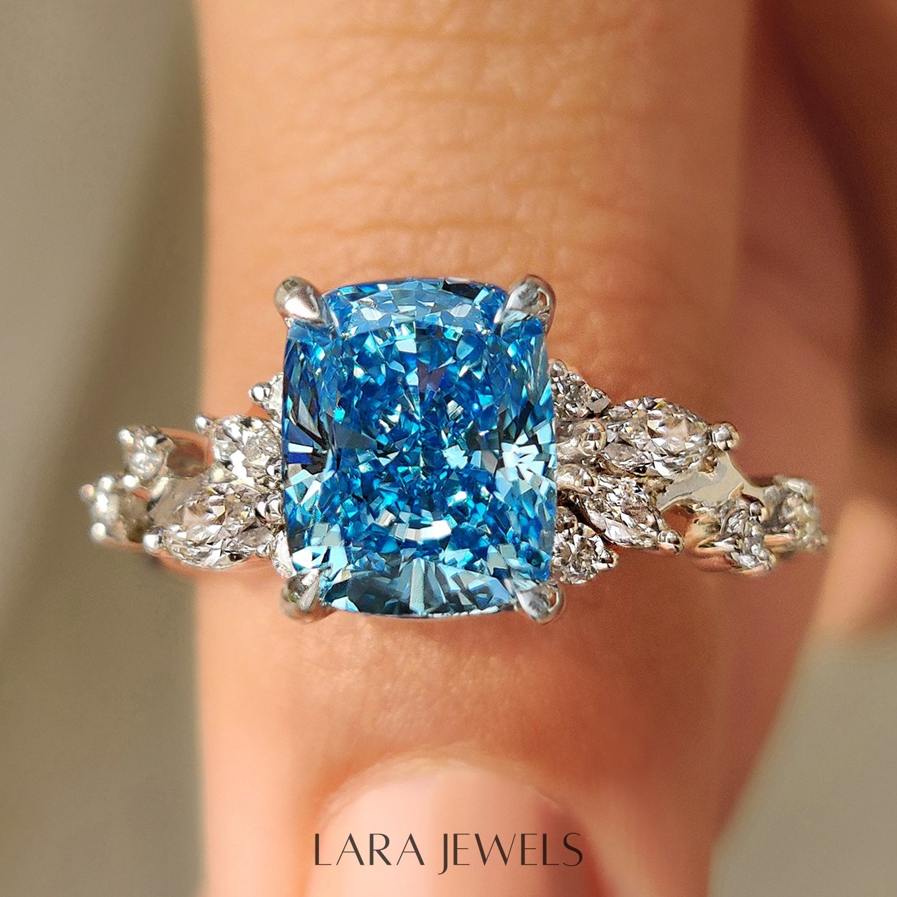 Lab grown cushion engagement ring in Cluster Setting, available in Silver. IGI certified, ethically sourced, handcrafted at Lara Jewels.