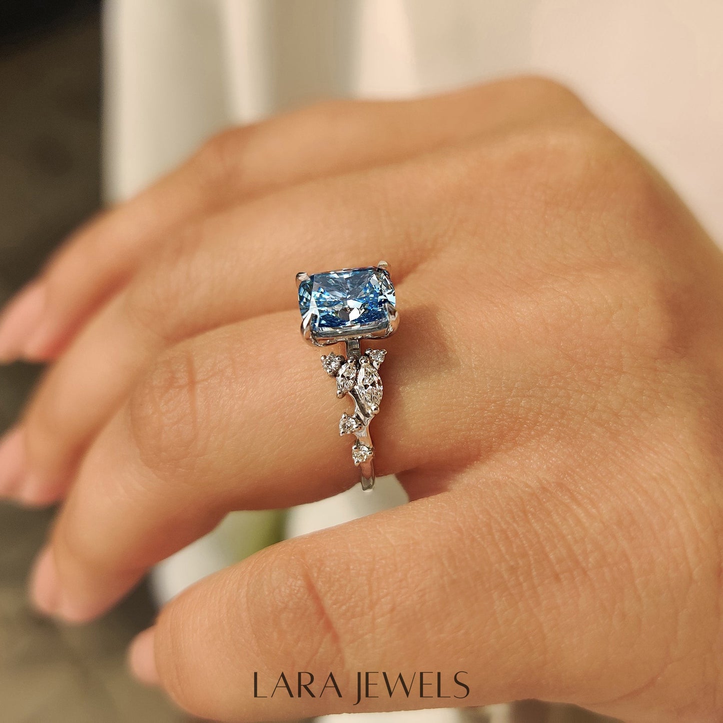 Lab grown cushion engagement ring in Cluster Setting, available in Silver. IGI certified, ethically sourced, handcrafted at Lara Jewels.