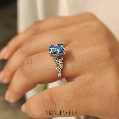 Lab grown cushion engagement ring in Cluster Setting, available in Silver. IGI certified, ethically sourced, handcrafted at Lara Jewels.
