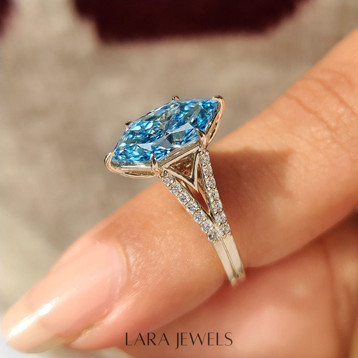 Lab grown marquise engagement ring in Split Shank, available in Silver. IGI certified, ethically sourced, handcrafted at Lara Jewels.