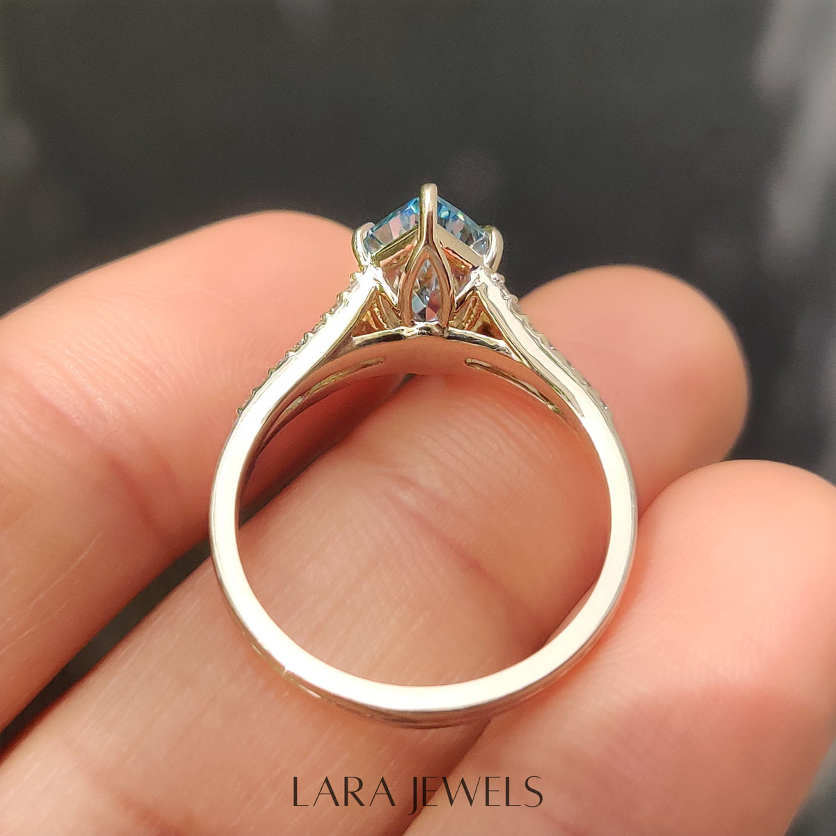 Lab grown marquise engagement ring in Split Shank, available in Silver. IGI certified, ethically sourced, handcrafted at Lara Jewels.