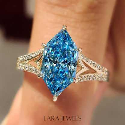 Lab grown marquise engagement ring in Split Shank, available in Silver. IGI certified, ethically sourced, handcrafted at Lara Jewels.