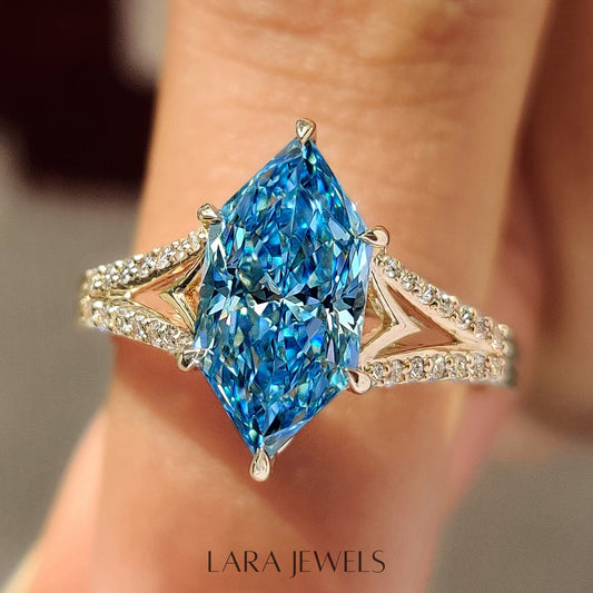 Lab grown marquise engagement ring in Split Shank, available in Silver. IGI certified, ethically sourced, handcrafted at Lara Jewels.