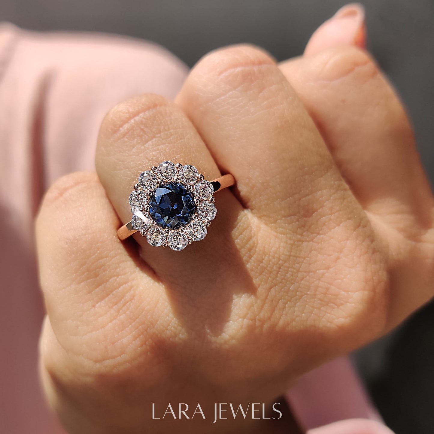 Lab grown round engagement ring in Cluster Design, available in Silver. IGI certified, ethically sourced, handcrafted at Lara Jewels.