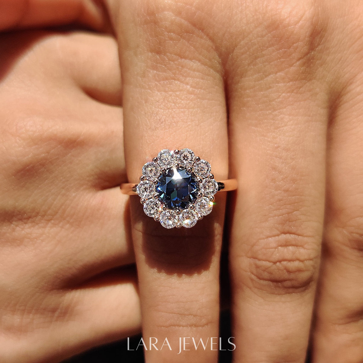Lab grown round engagement ring in Cluster Design, available in Silver. IGI certified, ethically sourced, handcrafted at Lara Jewels.