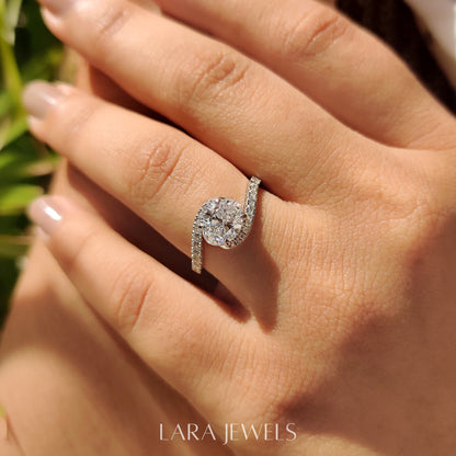 Lab grown oval engagement ring in Half Eternity Style, available in Silver. IGI certified, ethically sourced, handcrafted at Lara Jewels.