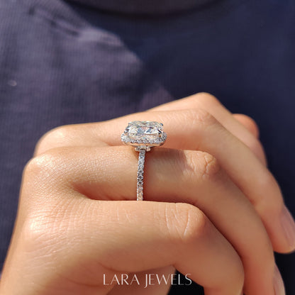 Lab grown cushion engagement ring in Halo Style, available in Silver. IGI certified, ethically sourced, handcrafted at Lara Jewels.