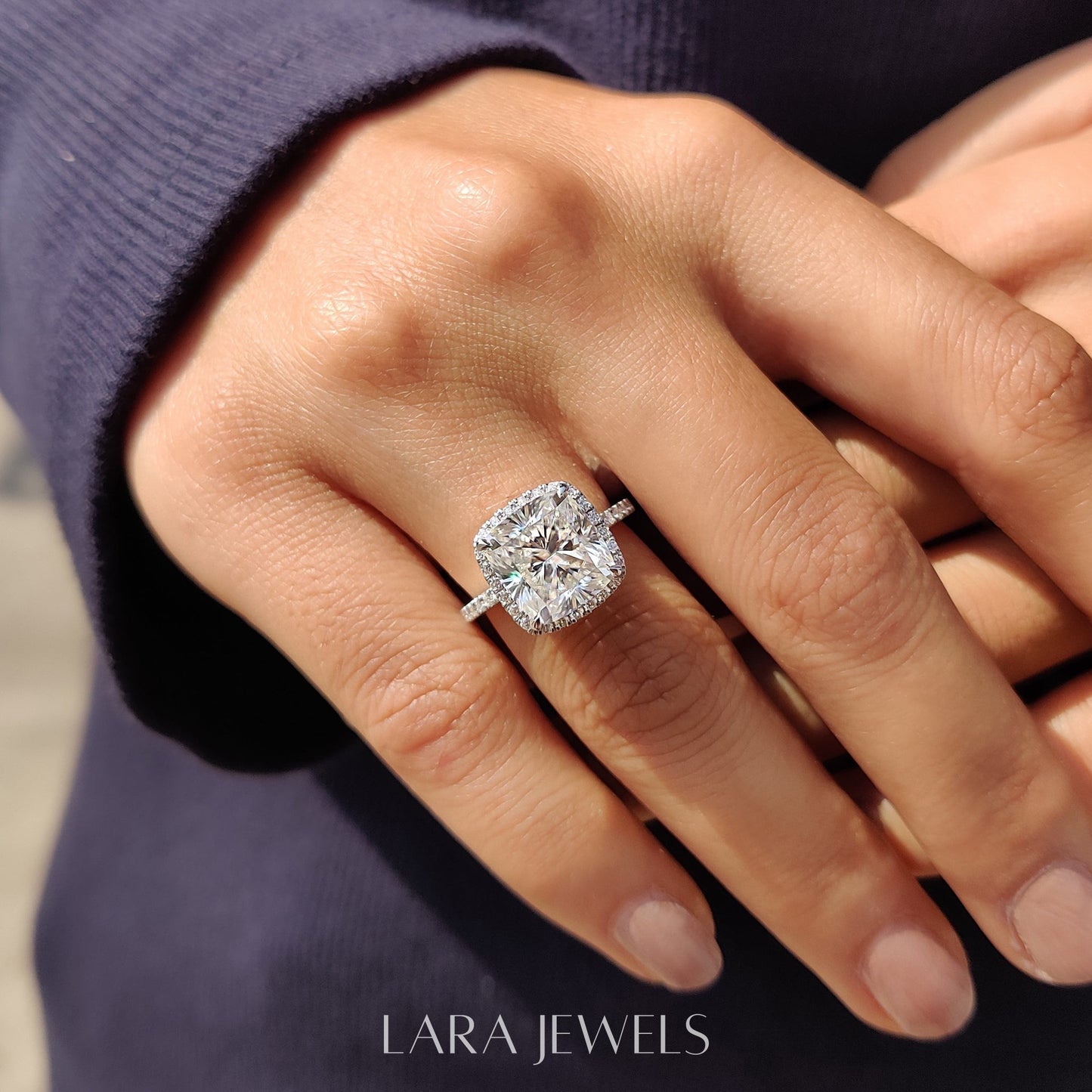 Lab grown cushion engagement ring in Halo Style, available in Silver. IGI certified, ethically sourced, handcrafted at Lara Jewels.