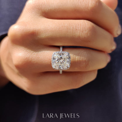 Lab grown cushion engagement ring in Halo Style, available in Silver. IGI certified, ethically sourced, handcrafted at Lara Jewels.