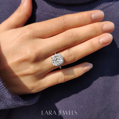 Lab grown cushion engagement ring in Halo Style, available in Silver. IGI certified, ethically sourced, handcrafted at Lara Jewels.