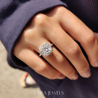 Lab grown cushion engagement ring in Halo Style, available in Silver. IGI certified, ethically sourced, handcrafted at Lara Jewels.