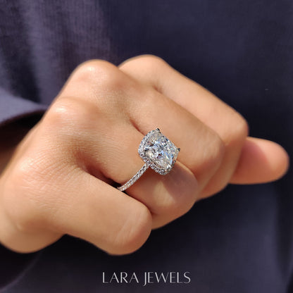Lab grown cushion engagement ring in Halo Style, available in Silver. IGI certified, ethically sourced, handcrafted at Lara Jewels.