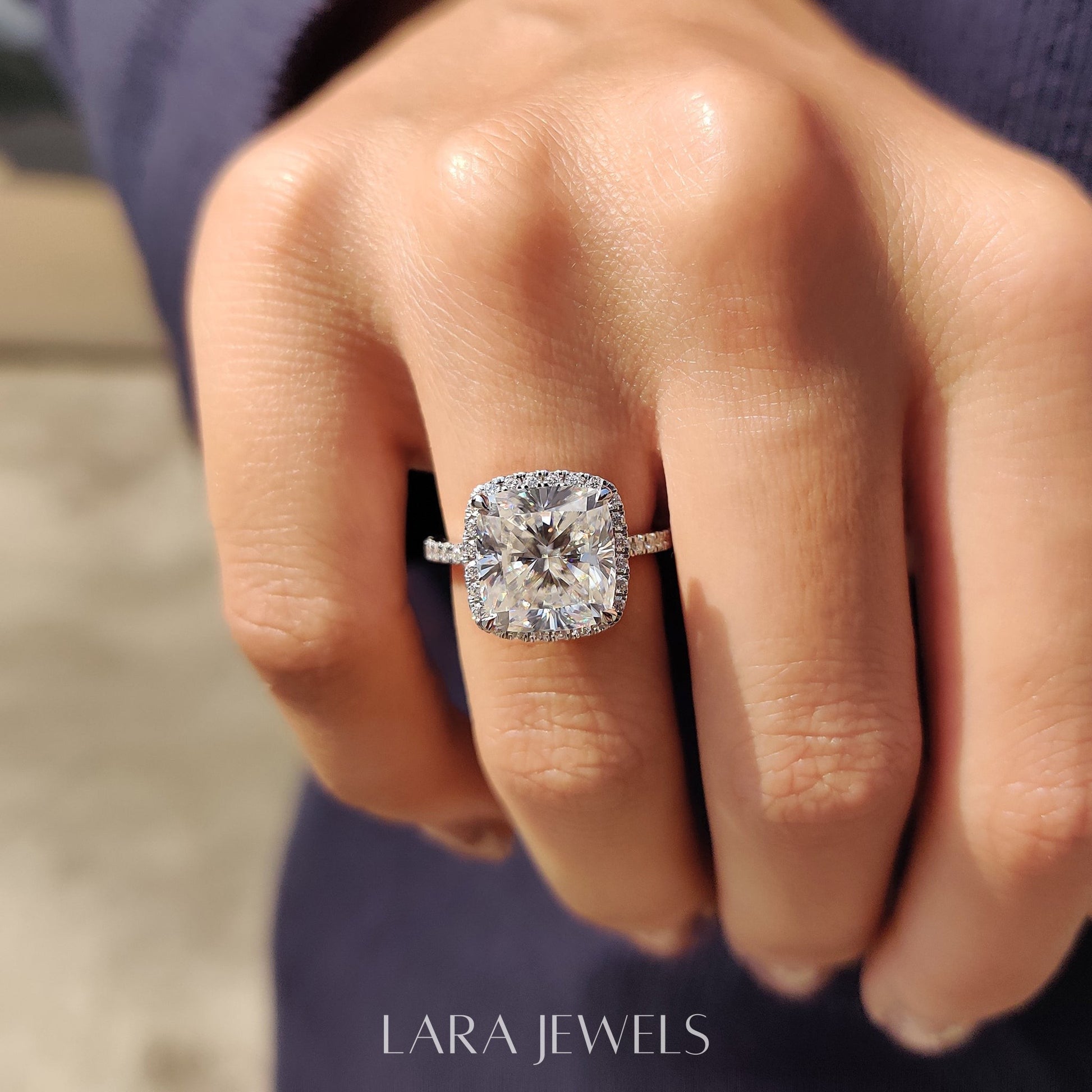 Lab grown cushion engagement ring in Halo Style, available in Silver. IGI certified, ethically sourced, handcrafted at Lara Jewels.
