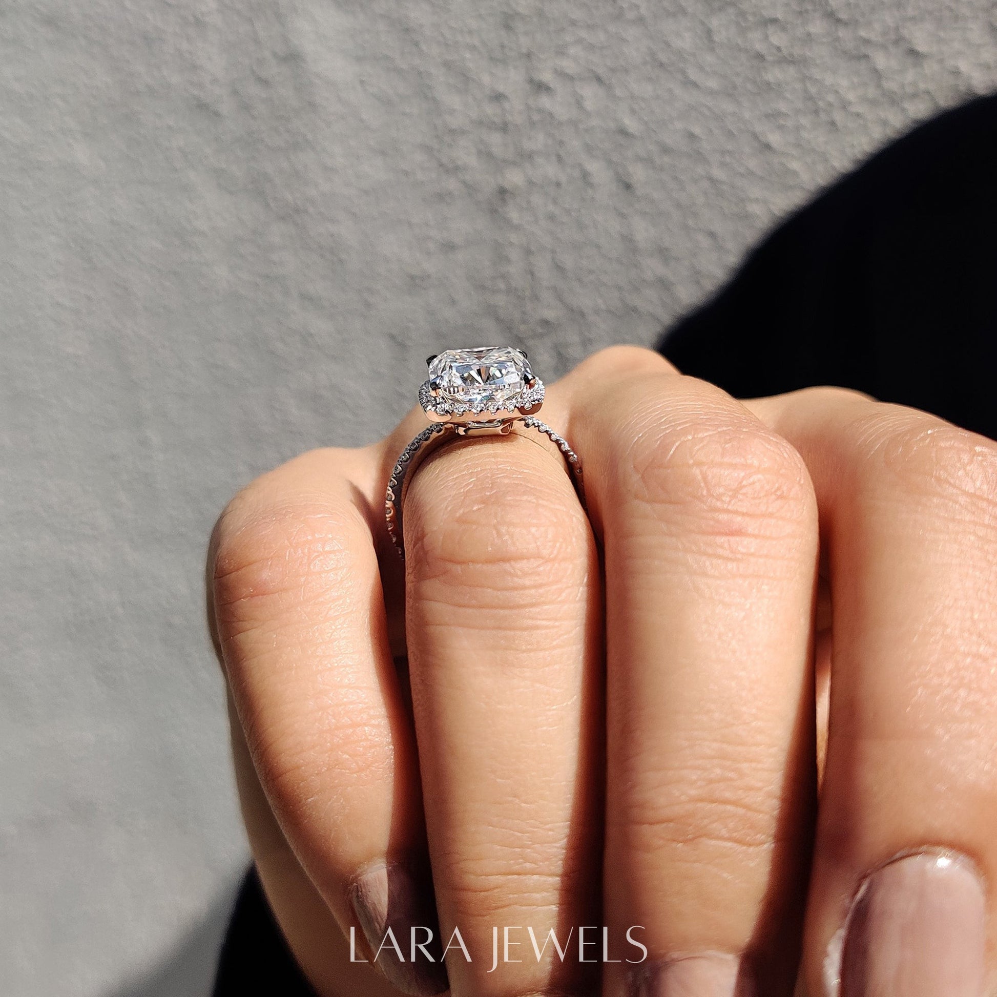 Lab grown cushion engagement ring in Halo Style, available in Silver. IGI certified, ethically sourced, handcrafted at Lara Jewels.