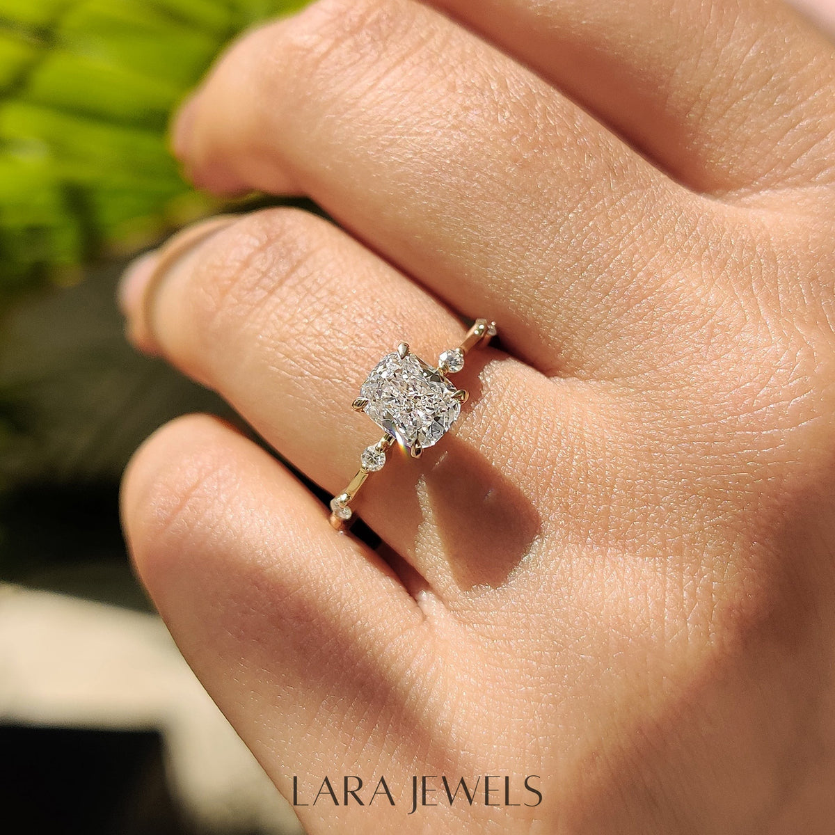 Lab grown cushion engagement ring in Lara Jewels setting, available in Silver. IGI certified, ethically sourced, handcrafted at Lara Jewels.