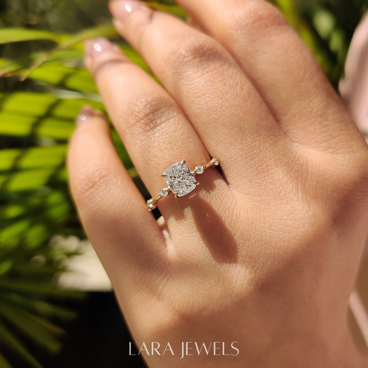 Lab grown cushion engagement ring in Lara Jewels setting, available in Silver. IGI certified, ethically sourced, handcrafted at Lara Jewels.
