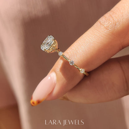 Lab grown cushion engagement ring in Lara Jewels setting, available in Silver. IGI certified, ethically sourced, handcrafted at Lara Jewels.