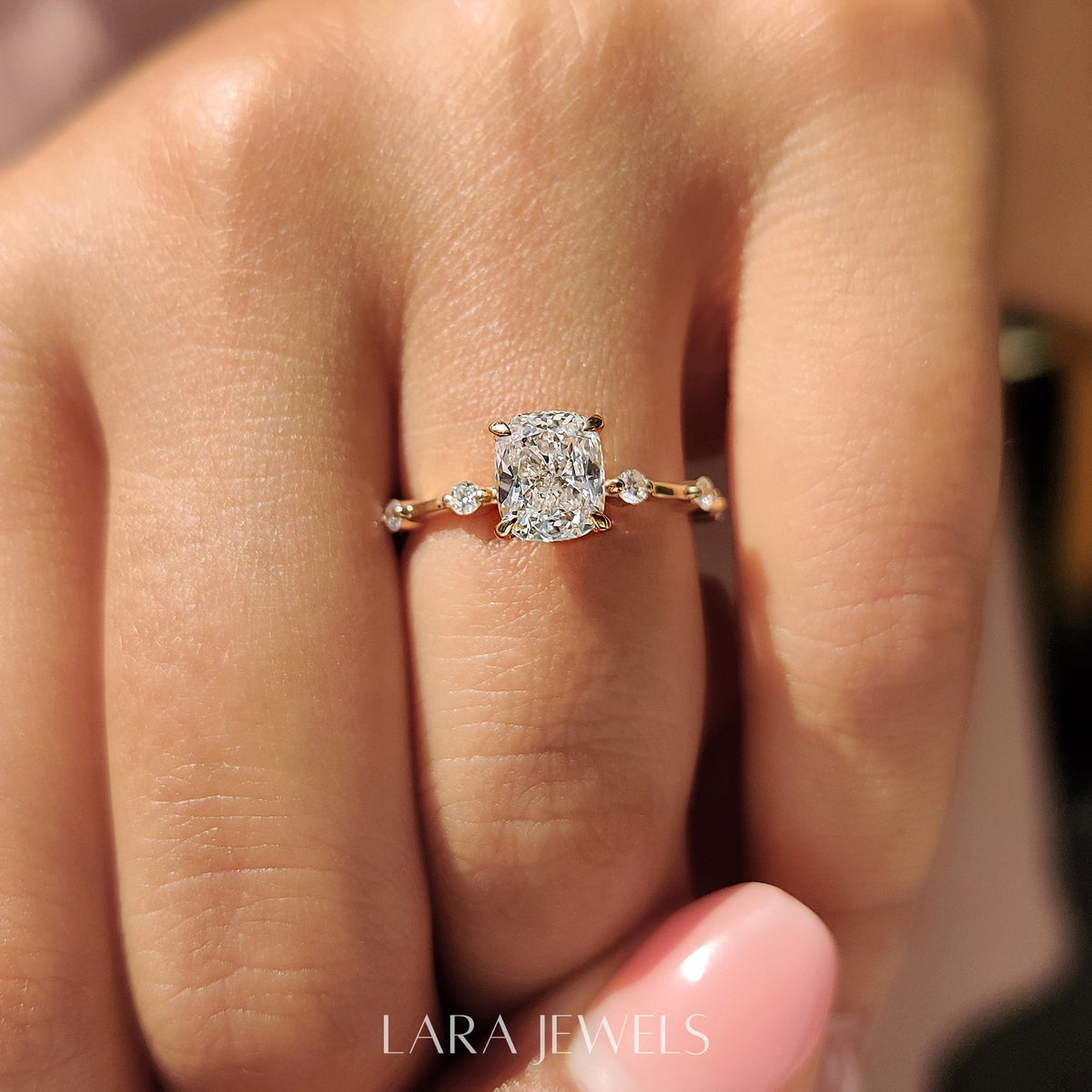 Lab grown cushion engagement ring in Lara Jewels setting, available in Silver. IGI certified, ethically sourced, handcrafted at Lara Jewels.