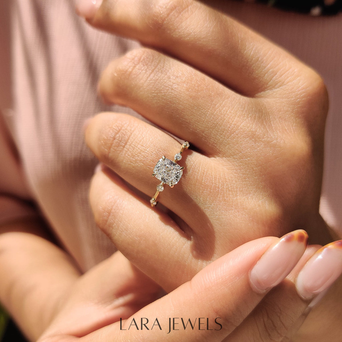 Lab grown cushion engagement ring in Lara Jewels setting, available in Silver. IGI certified, ethically sourced, handcrafted at Lara Jewels.