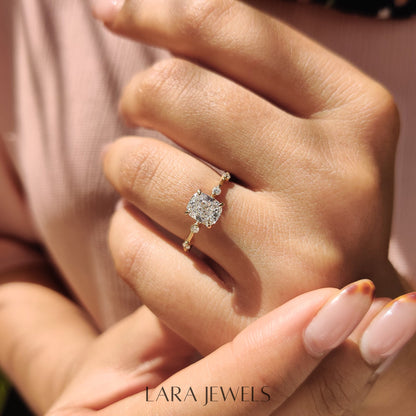 Lab grown cushion engagement ring in Lara Jewels setting, available in Silver. IGI certified, ethically sourced, handcrafted at Lara Jewels.