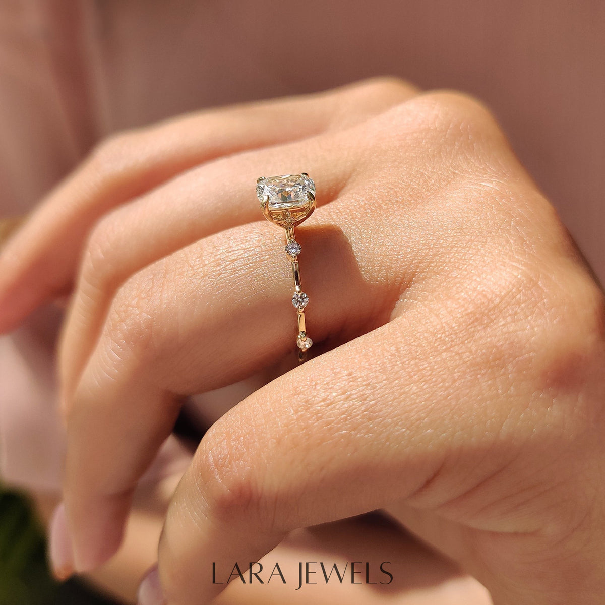Lab grown cushion engagement ring in Lara Jewels setting, available in Silver. IGI certified, ethically sourced, handcrafted at Lara Jewels.