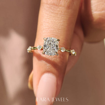 Lab grown cushion engagement ring in Lara Jewels setting, available in Silver. IGI certified, ethically sourced, handcrafted at Lara Jewels.