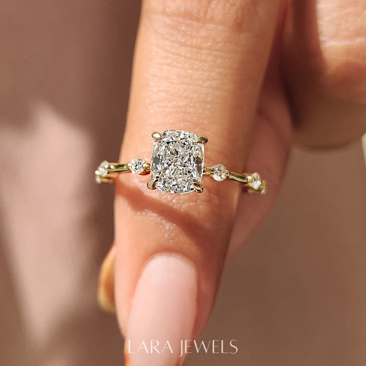 Lab grown cushion engagement ring in Lara Jewels setting, available in Silver. IGI certified, ethically sourced, handcrafted at Lara Jewels.
