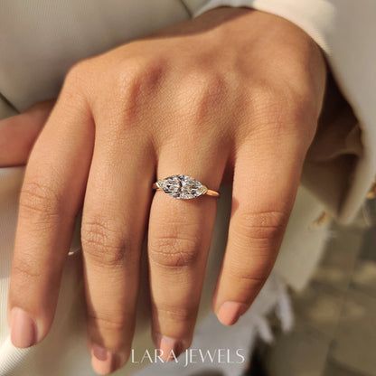 Lab grown marquise engagement ring in Solitaire Style, available in Silver. IGI certified, ethically sourced, handcrafted at Lara Jewels.