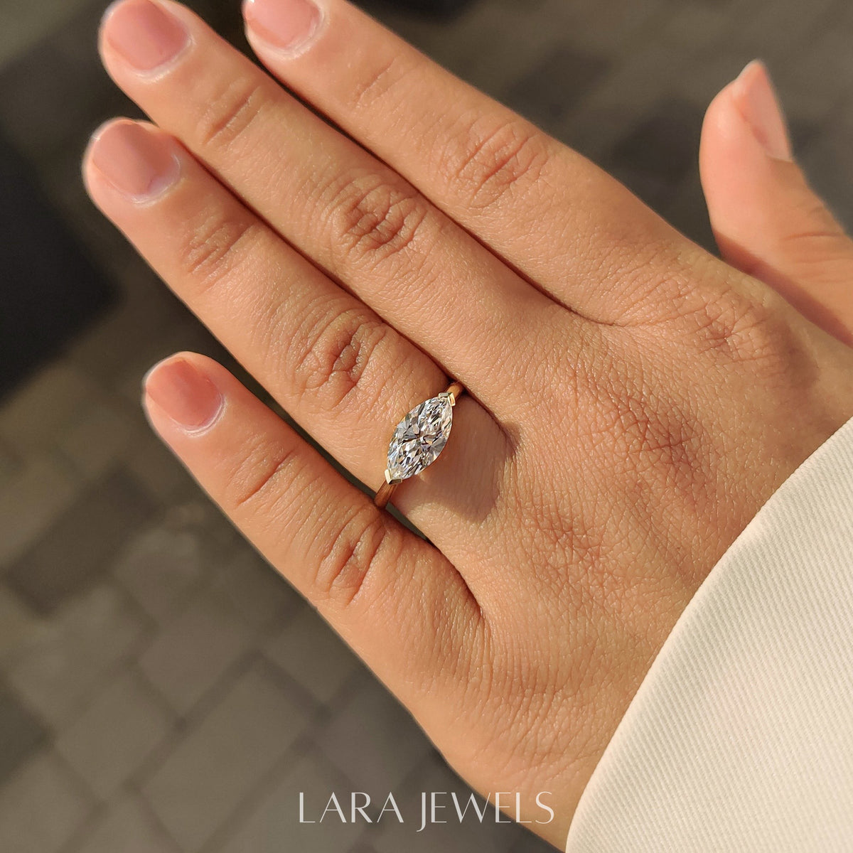 Lab grown marquise engagement ring in Solitaire Style, available in Silver. IGI certified, ethically sourced, handcrafted at Lara Jewels.