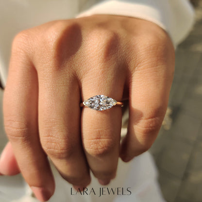 Lab grown marquise engagement ring in Solitaire Style, available in Silver. IGI certified, ethically sourced, handcrafted at Lara Jewels.
