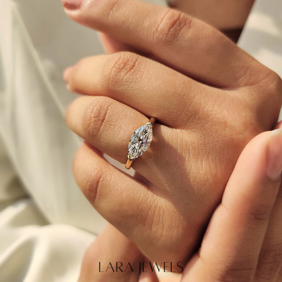 Lab grown marquise engagement ring in Solitaire Style, available in Silver. IGI certified, ethically sourced, handcrafted at Lara Jewels.