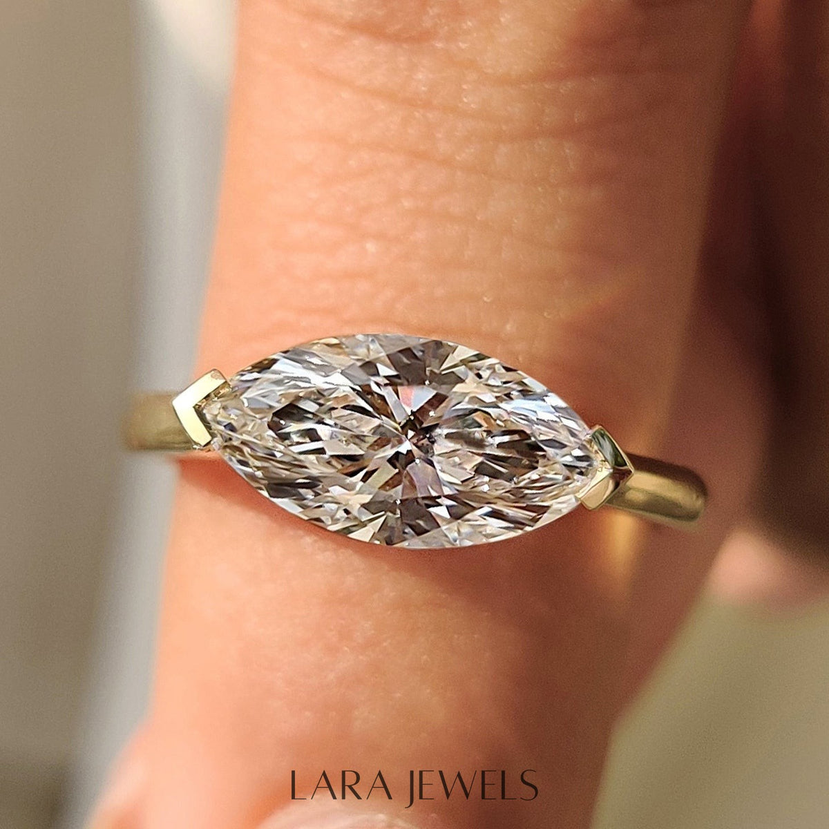 Lab grown marquise engagement ring in Solitaire Style, available in Silver. IGI certified, ethically sourced, handcrafted at Lara Jewels.
