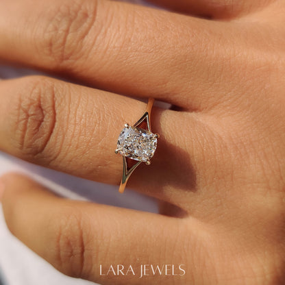 Lab grown cushion engagement ring in Lara Jewels setting, available in Silver. IGI certified, ethically sourced, handcrafted at Lara Jewels.