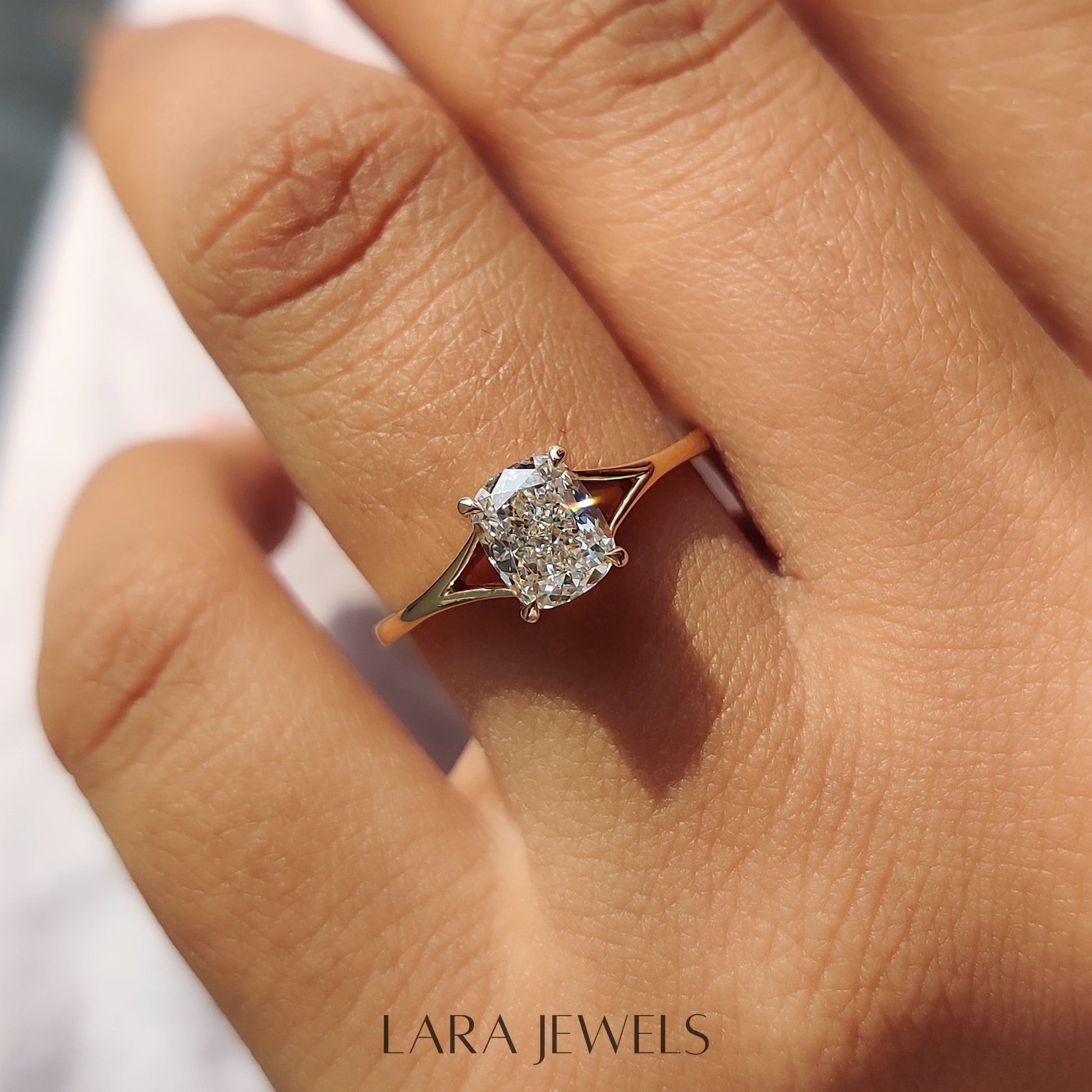 Lab grown cushion engagement ring in Lara Jewels setting, available in Silver. IGI certified, ethically sourced, handcrafted at Lara Jewels.