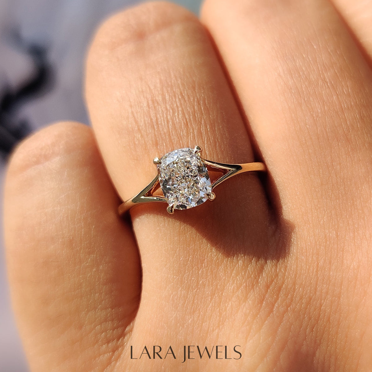 Lab grown cushion engagement ring in Lara Jewels setting, available in Silver. IGI certified, ethically sourced, handcrafted at Lara Jewels.