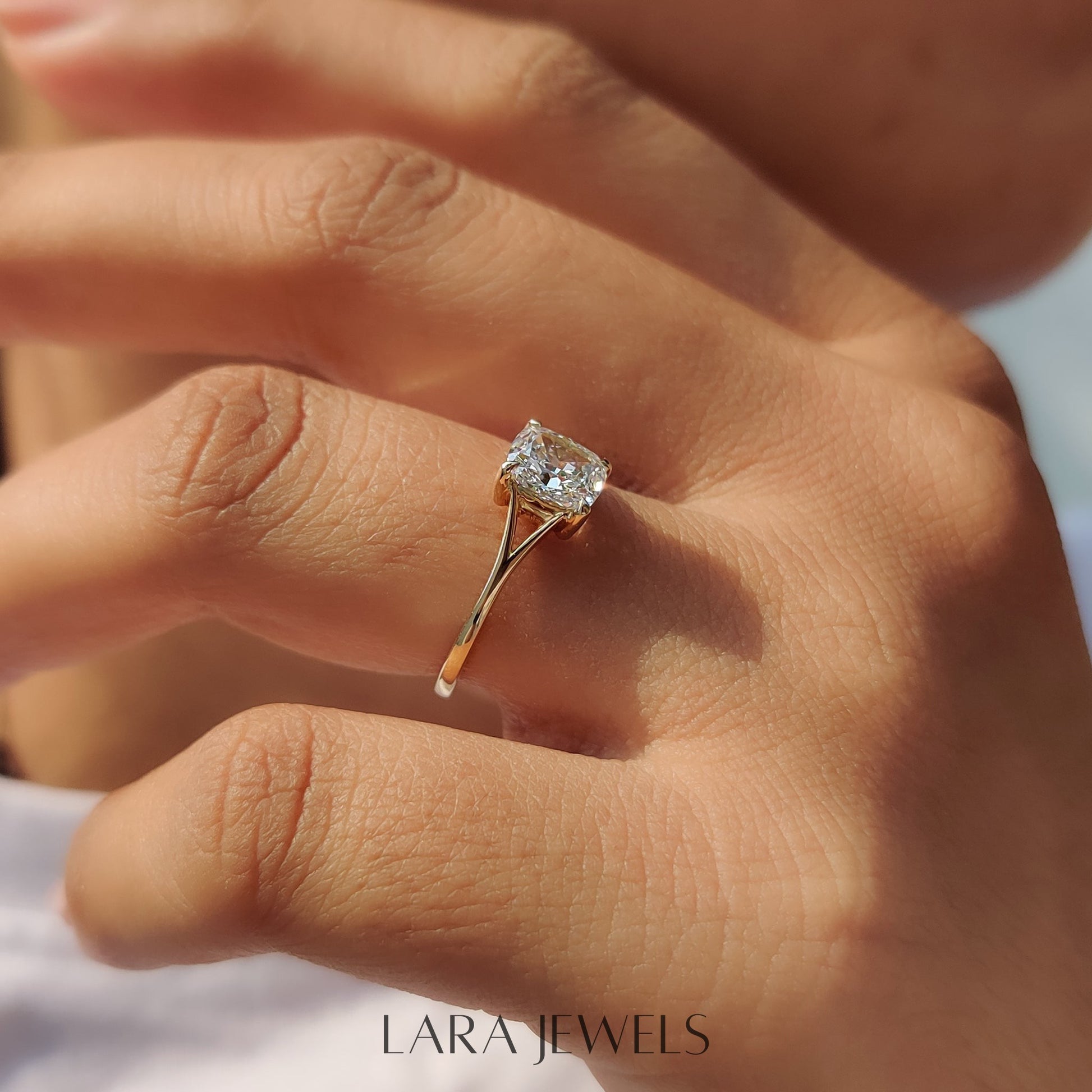 Lab grown cushion engagement ring in Lara Jewels setting, available in Silver. IGI certified, ethically sourced, handcrafted at Lara Jewels.