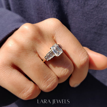 Lab grown emerald engagement ring in Lara Jewels setting, available in Silver. IGI certified, ethically sourced, handcrafted at Lara Jewels.