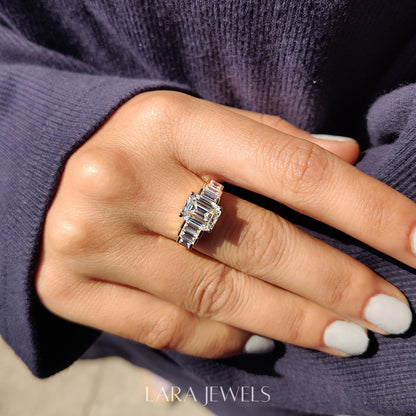 Lab grown emerald engagement ring in Lara Jewels setting, available in Silver. IGI certified, ethically sourced, handcrafted at Lara Jewels.