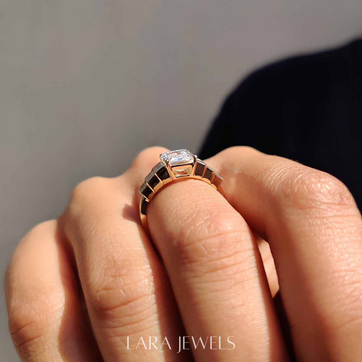 Lab grown emerald engagement ring in Lara Jewels setting, available in Silver. IGI certified, ethically sourced, handcrafted at Lara Jewels.