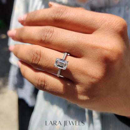 Lab grown emerald engagement ring in Lara Jewels setting, available in Silver. IGI certified, ethically sourced, handcrafted at Lara Jewels.