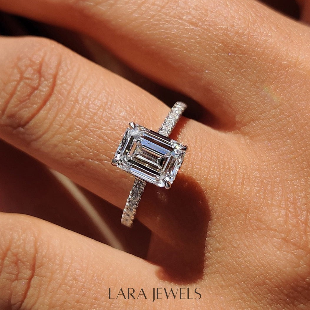 Lab grown emerald engagement ring in Lara Jewels setting, available in Silver. IGI certified, ethically sourced, handcrafted at Lara Jewels.