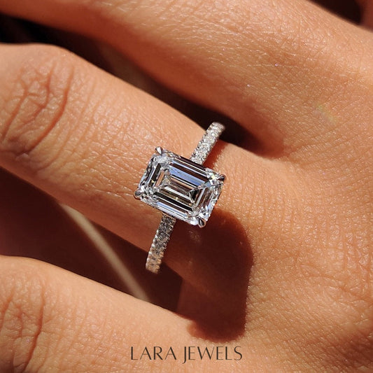 Lab grown emerald engagement ring in Lara Jewels setting, available in Silver. IGI certified, ethically sourced, handcrafted at Lara Jewels.