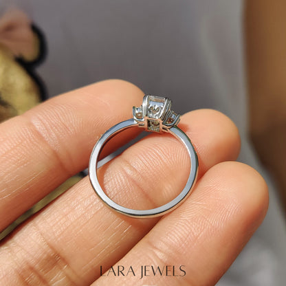 Lab grown emerald engagement ring in Lara Jewels setting, available in Silver. IGI certified, ethically sourced, handcrafted at Lara Jewels.