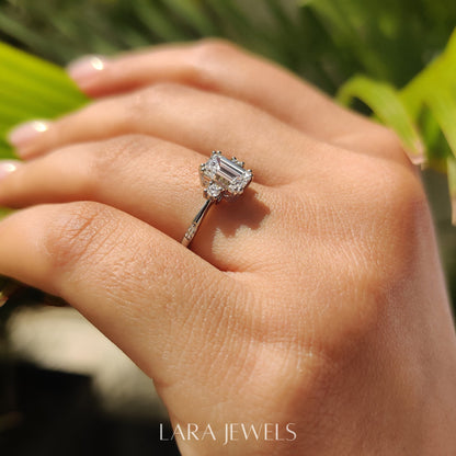 Lab grown emerald engagement ring in Lara Jewels setting, available in Silver. IGI certified, ethically sourced, handcrafted at Lara Jewels.