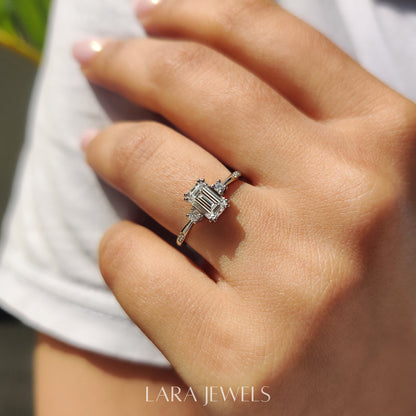 Lab grown emerald engagement ring in Lara Jewels setting, available in Silver. IGI certified, ethically sourced, handcrafted at Lara Jewels.